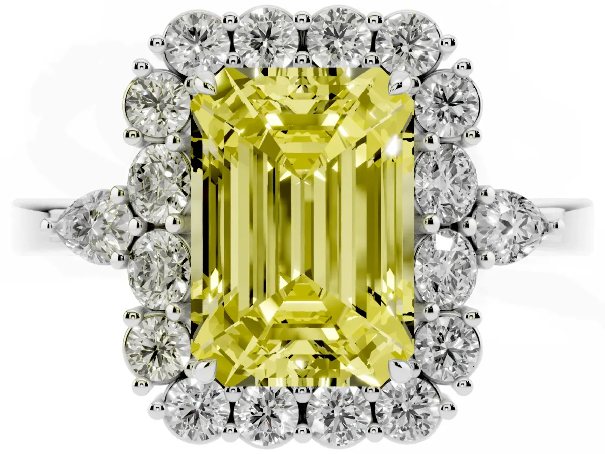 Fancy Yellow Emerald Cut Diamond Halo Ring with Pear Side Stones and Prong Setting Silver
