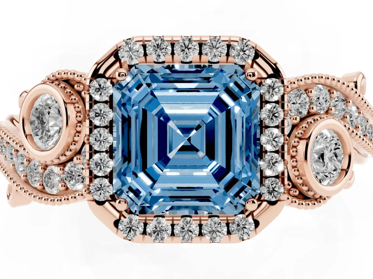 Fancy Blue Asscher Cut Diamond Halo Ring with Milgrain Pavé Band and Four-Prong Setting Rose gold