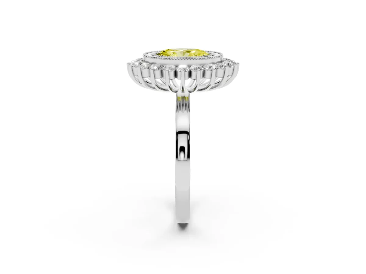 Fancy Yellow Oval Cut Halo Diamond Ring with Milgrain Edge and Round Prong Setting Silver
