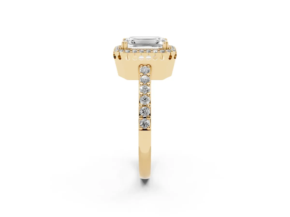 Emerald Cut Cut Diamond Halo Engagement Ring with Milgrain Detail and Pavé Band Yellow gold