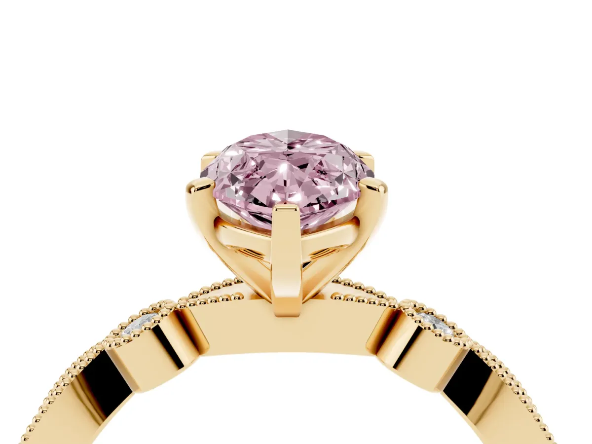 Fancy Pink Marquise Cut Milgrain Bezel Diamond Engagement Ring with Solitaire Prong Setting Yellow gold