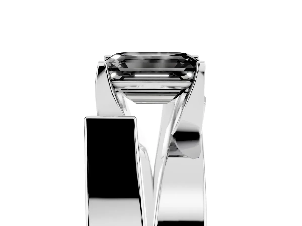 Fancy Black Modern Tension Set Emerald Cut Diamond Solitaire Wide Band Ring Silver