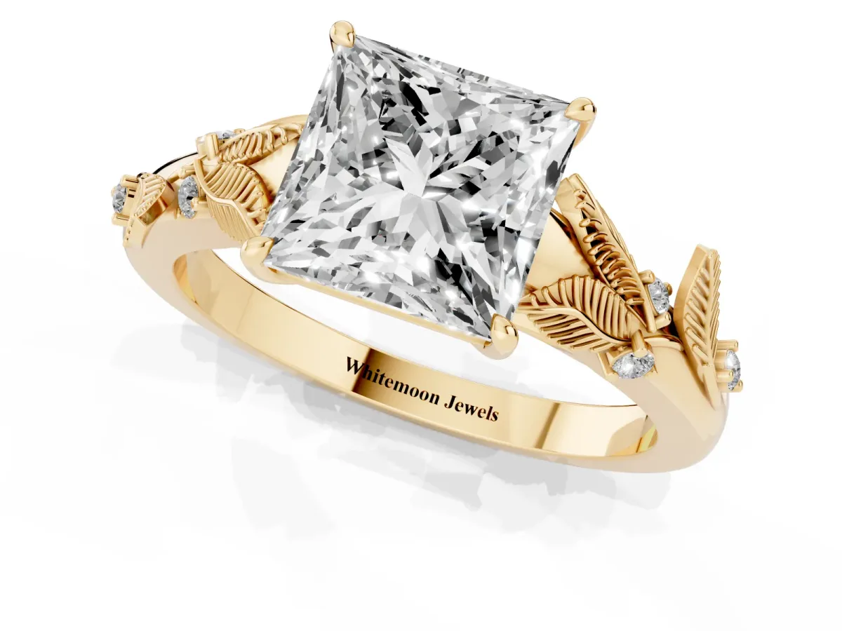 Princess Cut Diamond Solitaire Ring with Leaf Motif Band and Four-Prong Setting Yellow gold