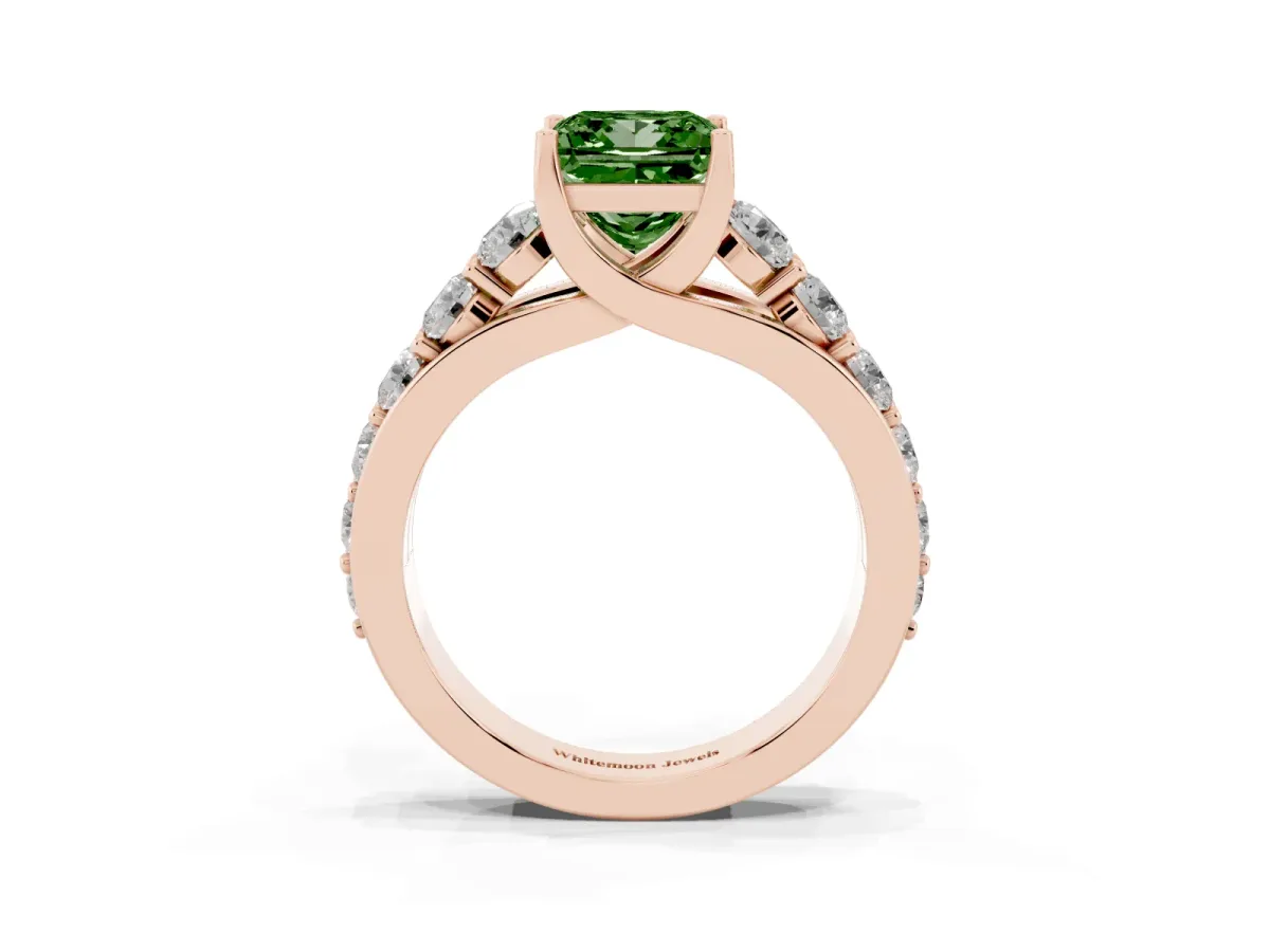 Fancy Green Princess Cut Diamond Engagement Ring with Pavé Band and Four-Prong Setting Rose gold