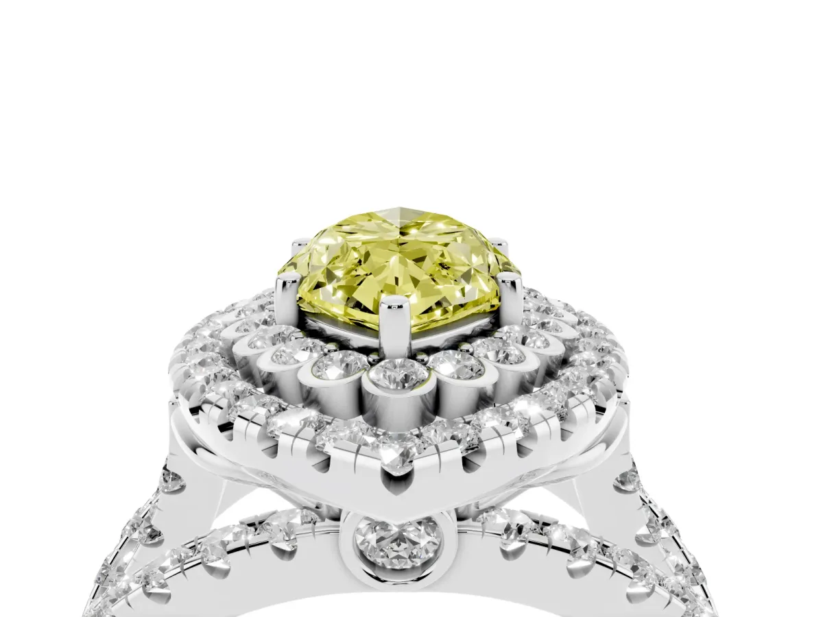 Fancy Yellow Marquise Cut Diamond Double Halo Ring with Round Pavé Split Shank and Prong Setting Silver