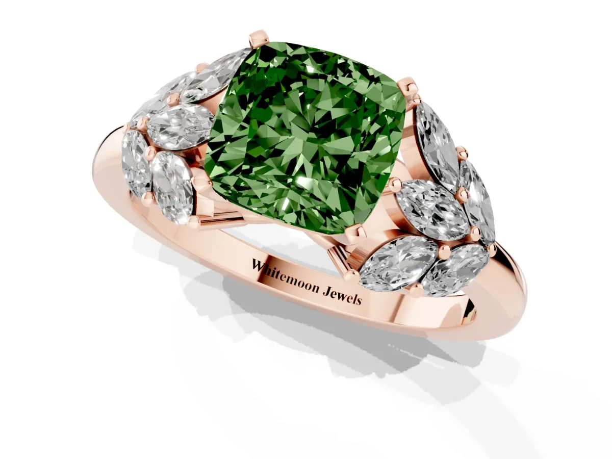 Fancy Green Cushion Cut Diamond Cluster Leaf Design Ring with Prong Setting Rose gold
