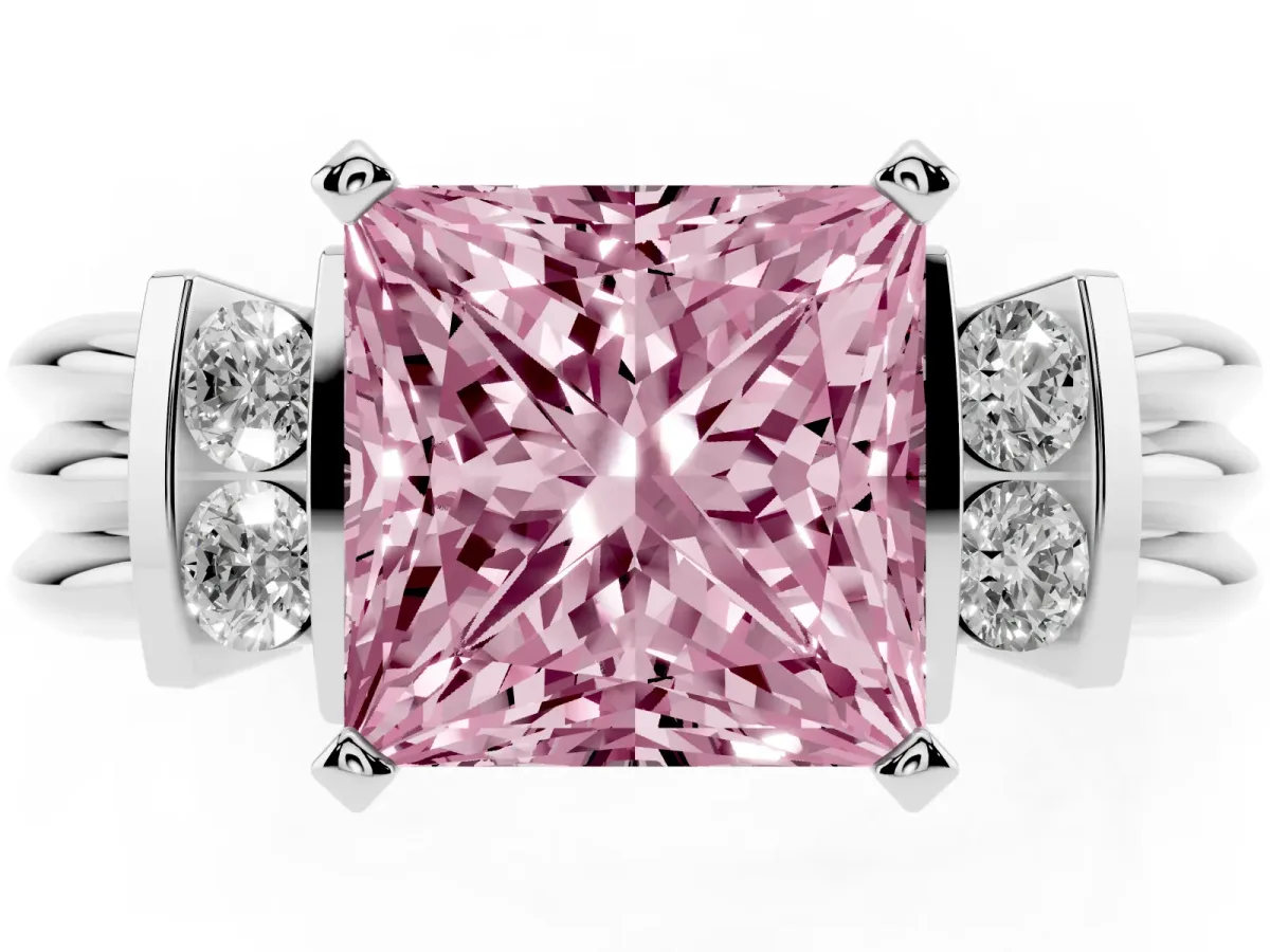 Fancy Pink Princess Cut Cut Three-Stone Channel Set Ring with Bar Prongs Silver