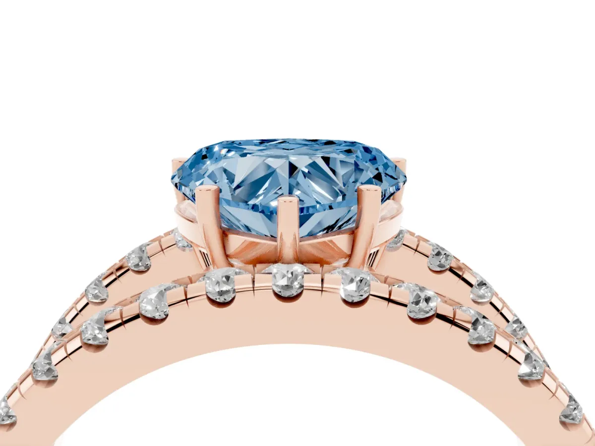 Fancy Blue Heart Cut Solitaire Split Shank Pave Diamond Ring Rose gold