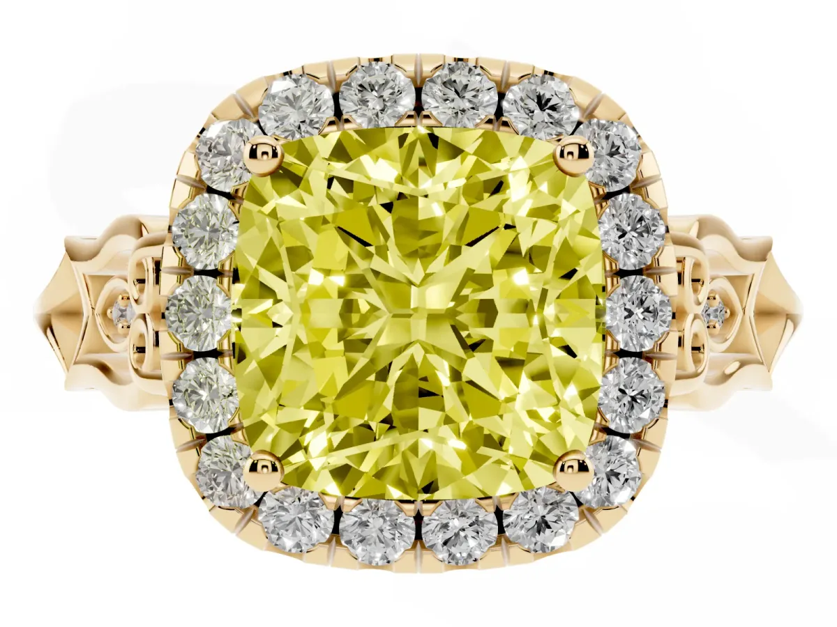 Fancy Yellow Cushion Cut Halo Diamond Engagement Ring with Filigree Band and Four-Prong Setting Yellow gold