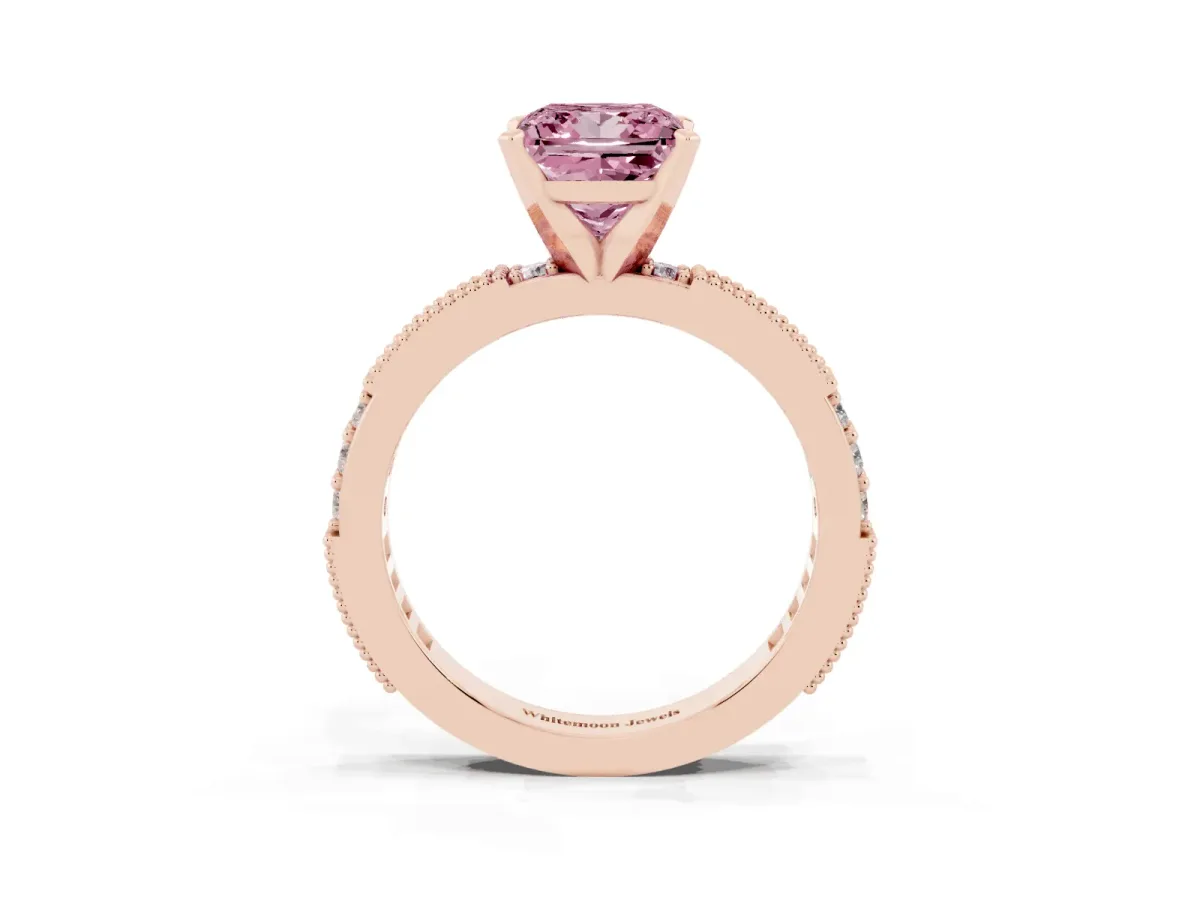 Fancy Pink Princess Cut Solitaire with Pavé Band and Four-Prong Setting Rose gold