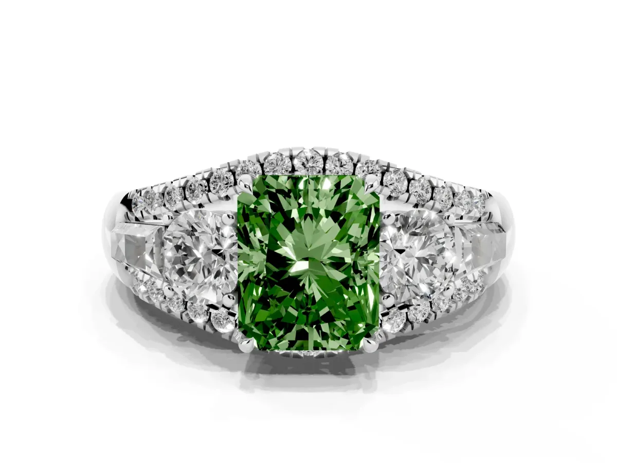 Fancy Green Three-Stone Radiant Cut Diamond Engagement Ring with Pave Band and Prong Setting Silver