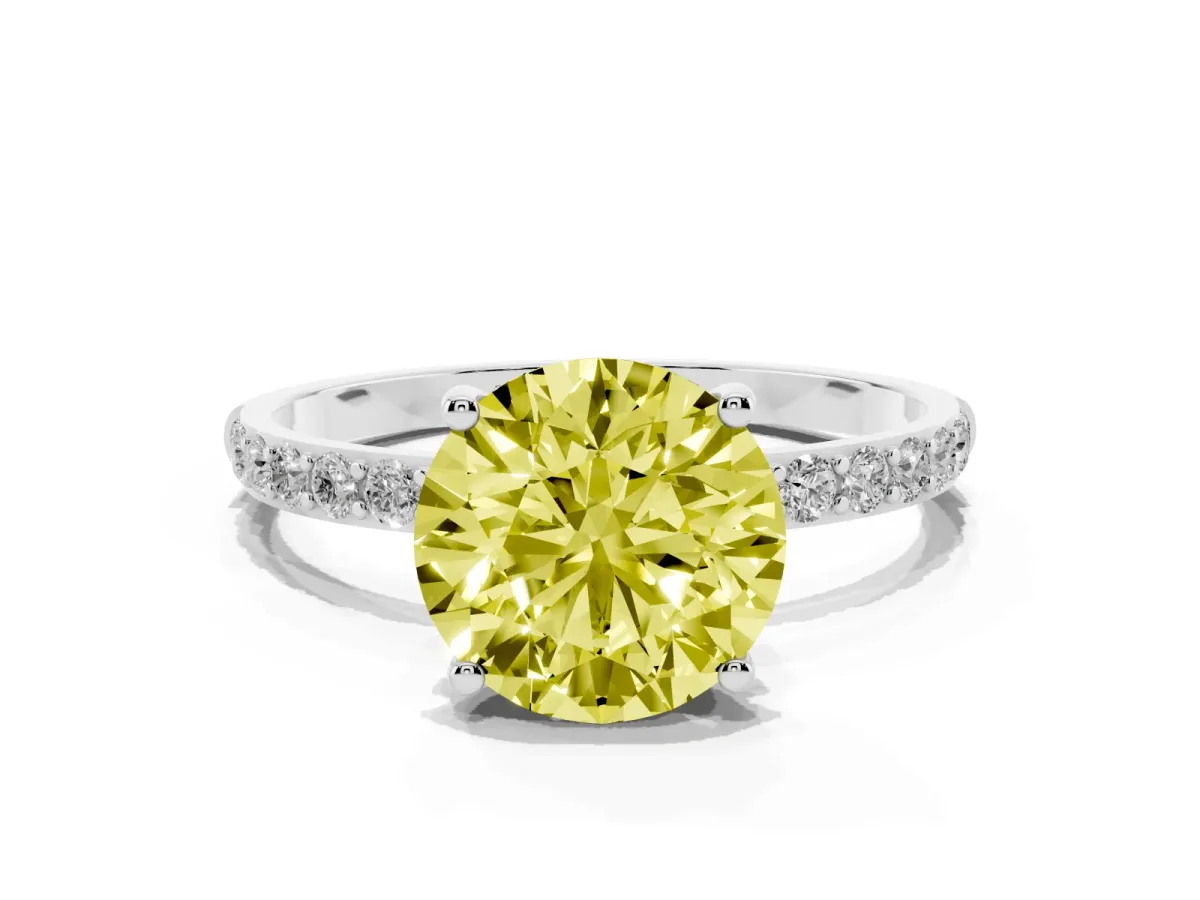 Fancy Yellow Round Cut Diamond Solitaire Ring with Round Pavé Shoulders and Prong Setting Silver