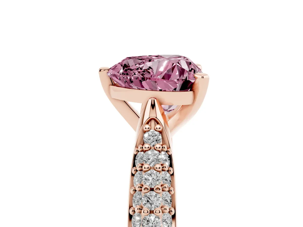 Fancy Pink Heart Cut Diamond Solitaire Engagement Ring with Multi-Row Round Pavé Band and Prong Setting Rose gold