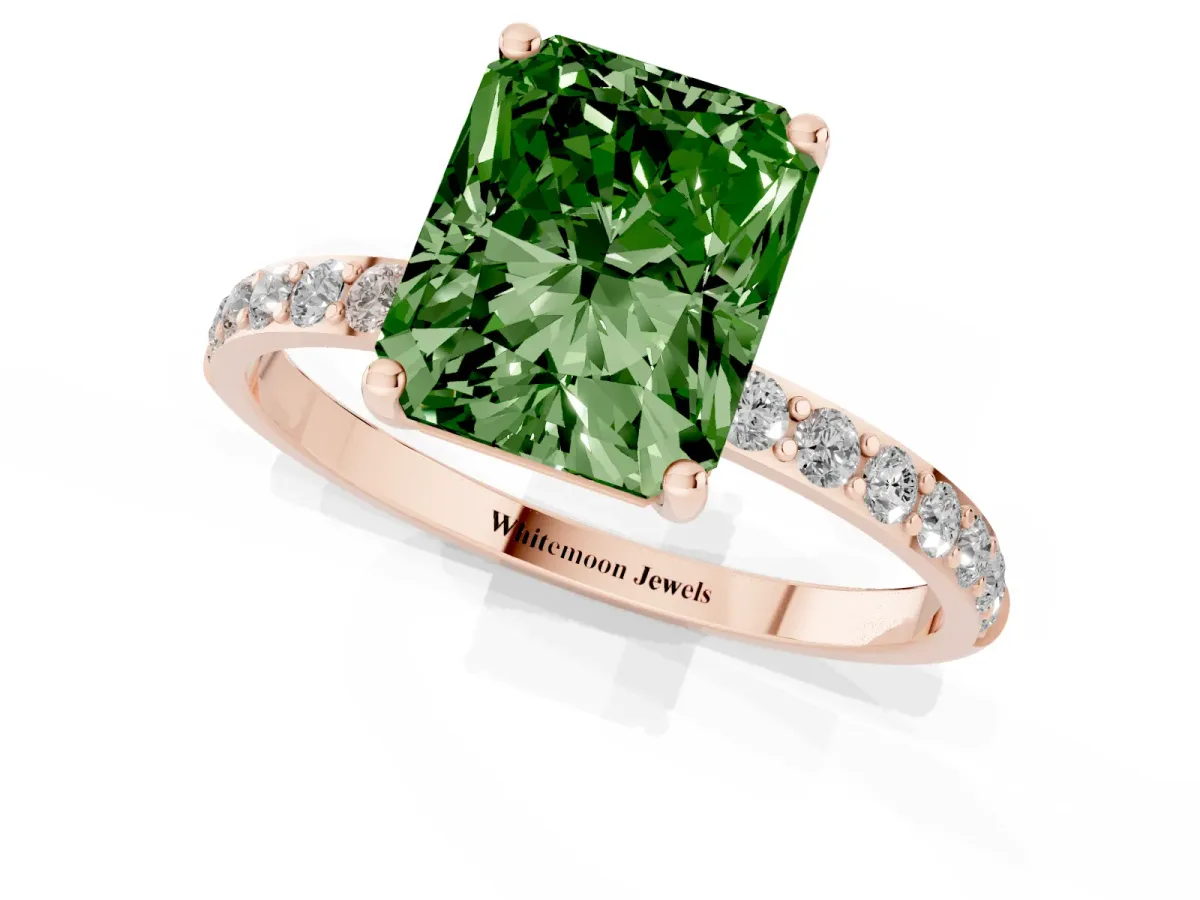 Fancy Green Radiant Cut Diamond Solitaire Ring with Round Pavé Shoulders and Prong Setting Rose gold