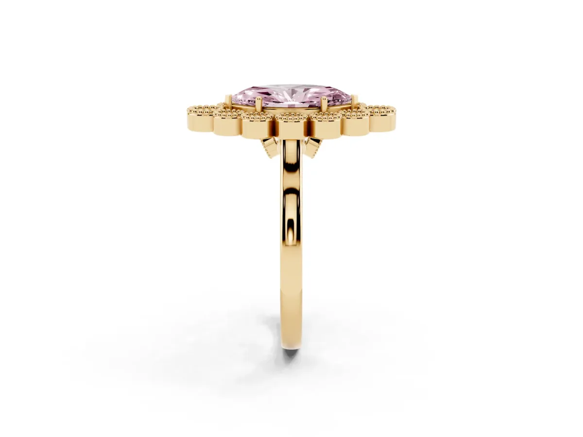 Fancy Pink Marquise Cut Halo Diamond Cluster Engagement Ring with Milgrain Bezel Setting and Solitaire Band Yellow gold