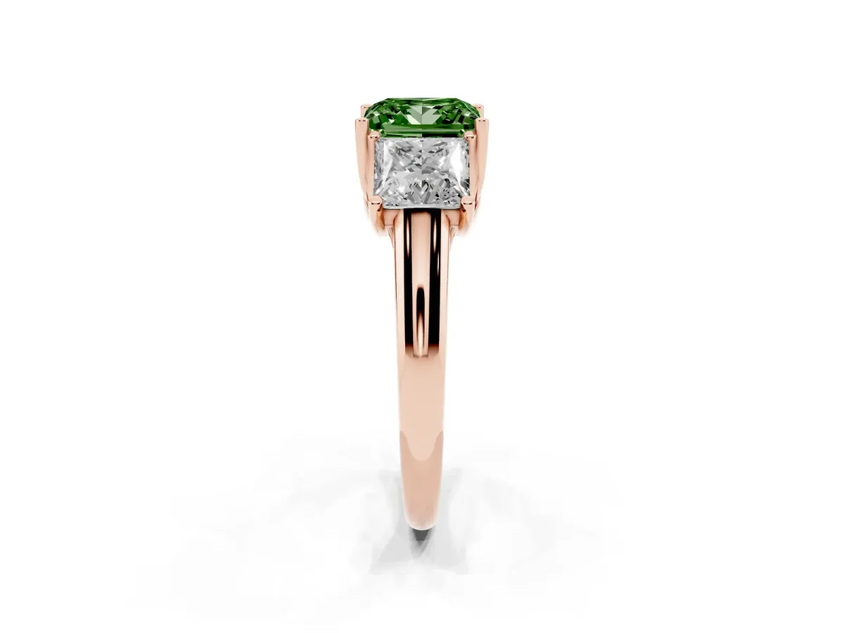 Fancy Green Three-Stone Princess Cut Diamond Engagement Ring with Prong Setting Rose gold