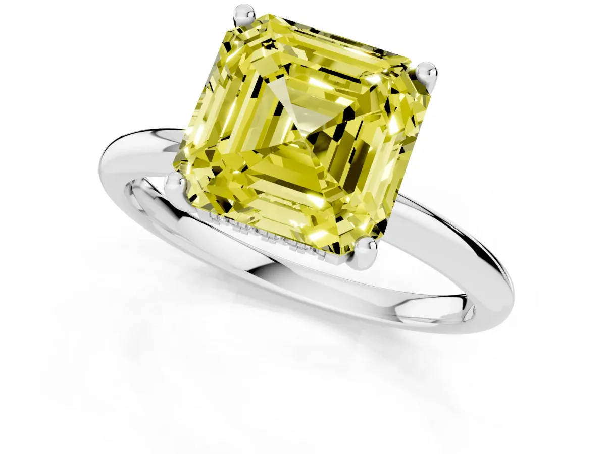 Fancy Yellow Asscher Cut Cut Solitaire Engagement Ring with Four-Prong Setting and Classic Band Silver