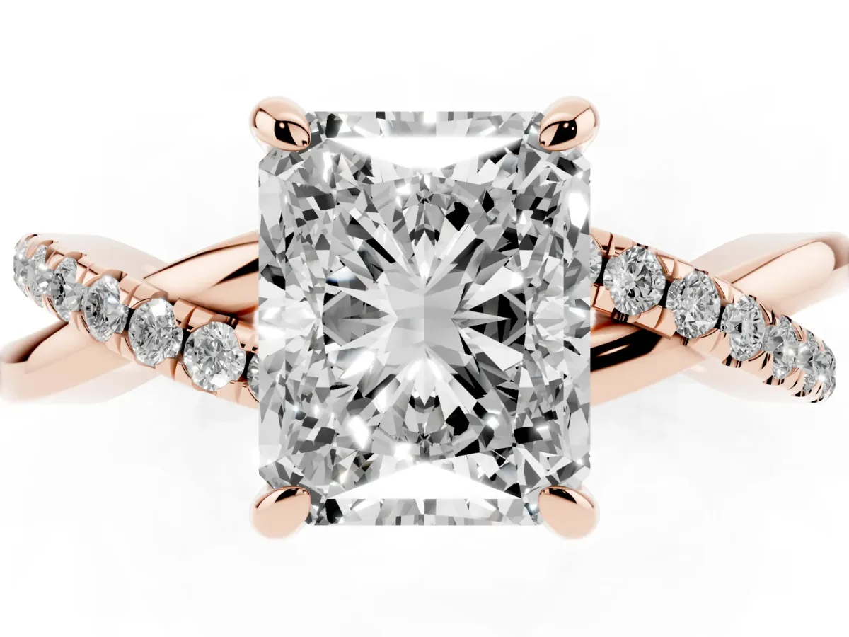 Radiant Cut Cut Diamond Twist Band Solitaire with Prong Setting Rose gold