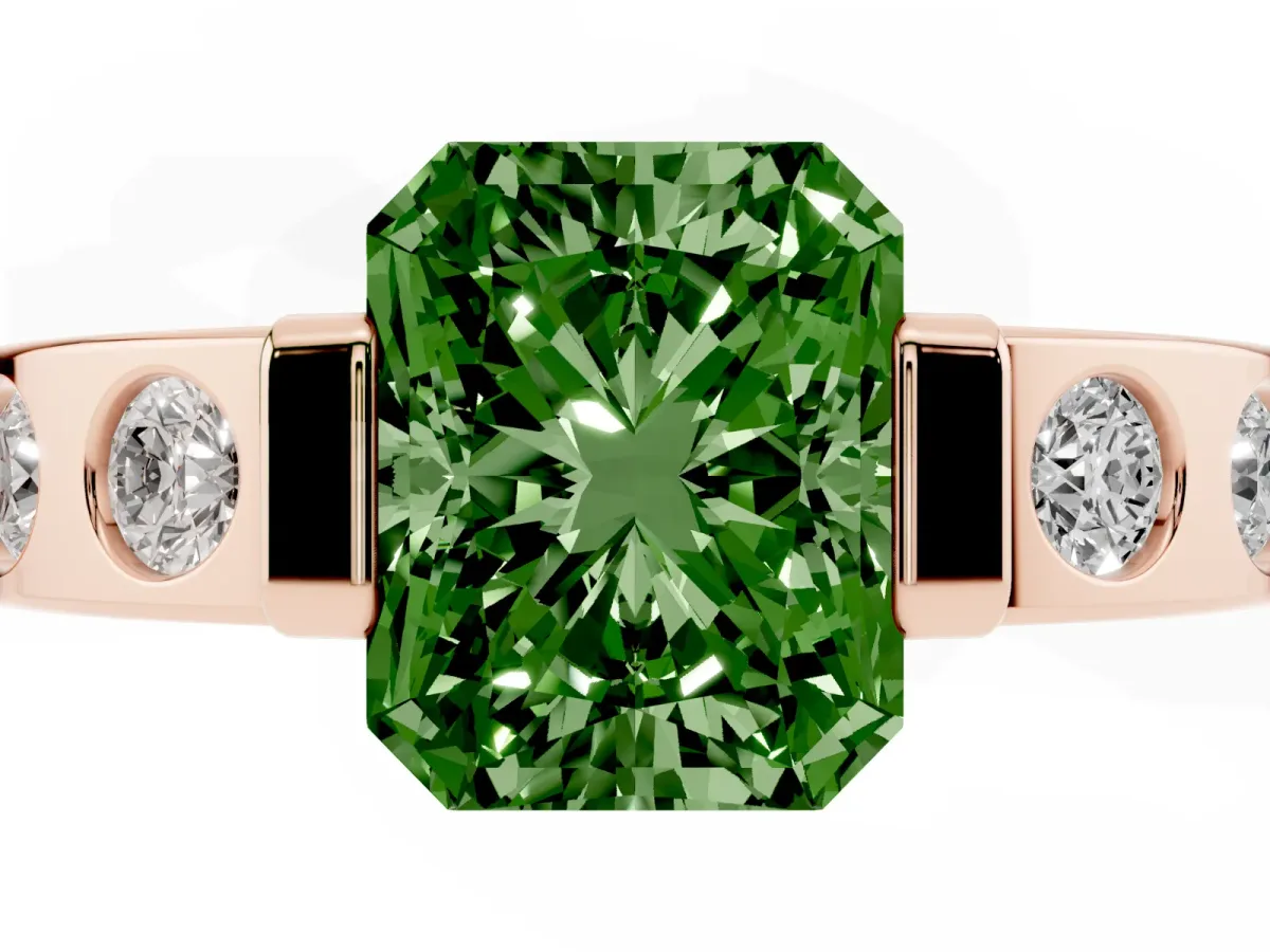 Fancy Green Radiant Cut Brilliant Channel-Set Diamond Ring with Bezel Prong Setting Rose gold