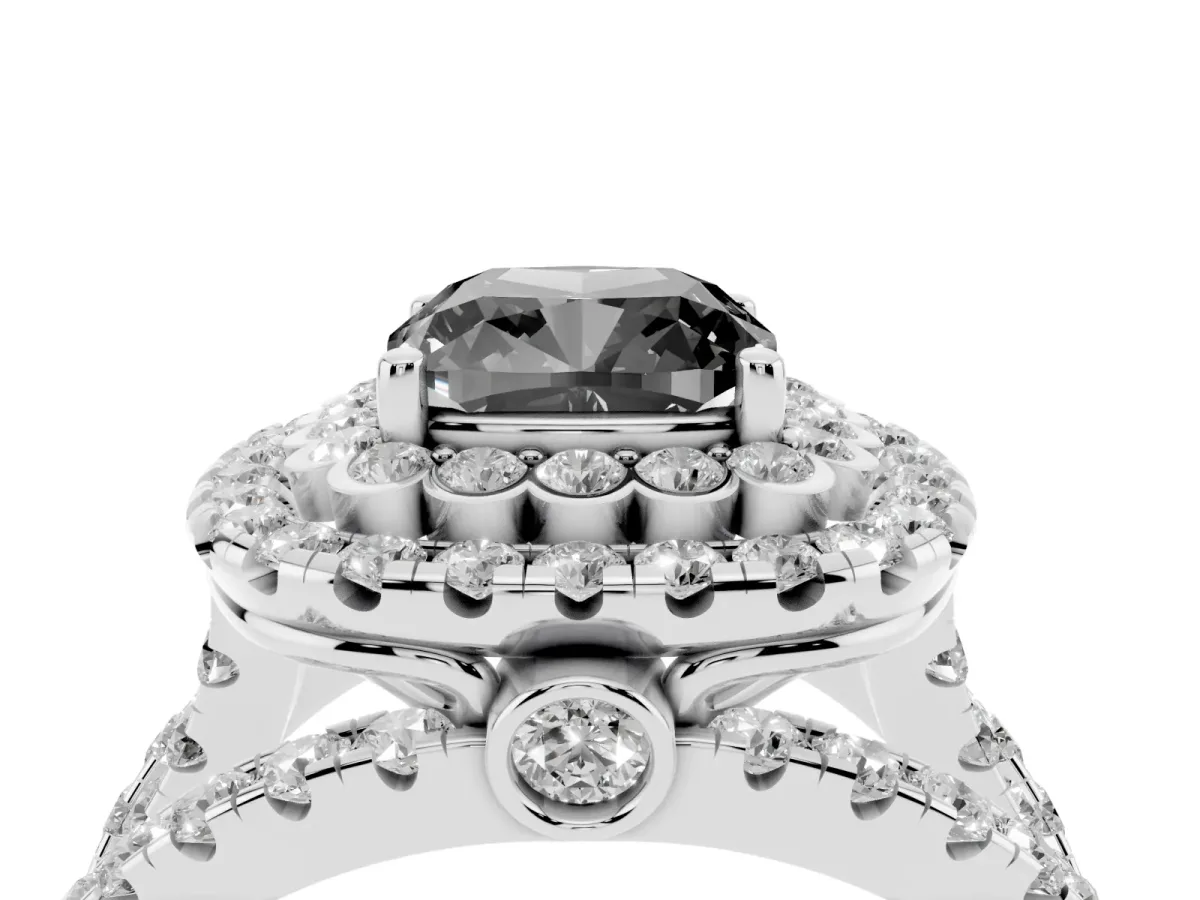 Fancy Black Cushion Cut Diamond Double Halo Ring with Round Pavé Split Shank and Prong Setting Silver