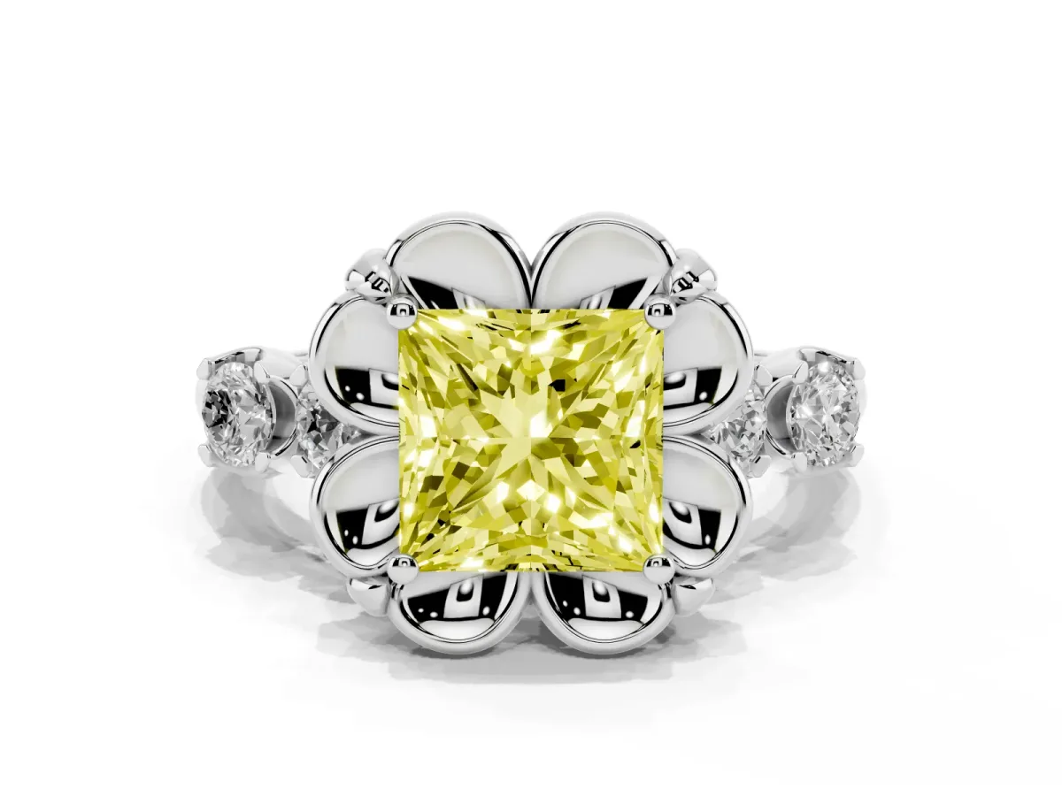Fancy Yellow Princess Cut Cut Diamond Floral Halo Engagement Ring with Shared Prong Setting Platinum