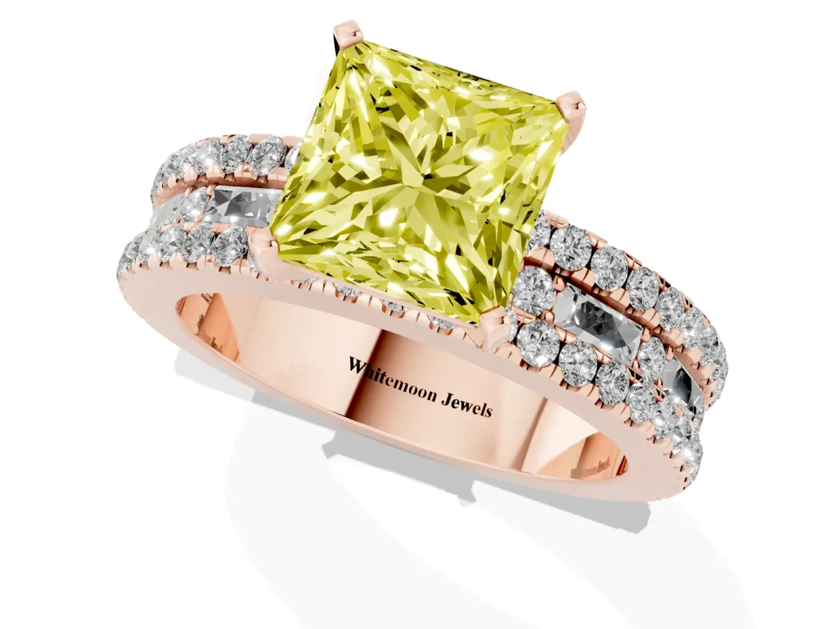 Fancy Yellow Princess Cut Diamond Solitaire Ring with Pavé and Channel Set Band Rose gold