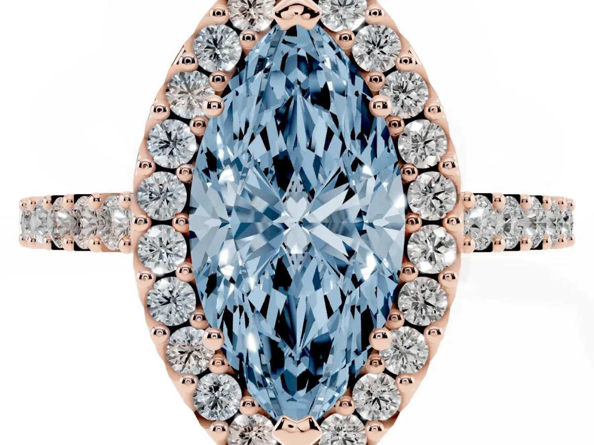 Fancy Blue Marquise Cut Halo Diamond Pavé Solitaire Ring Rose gold