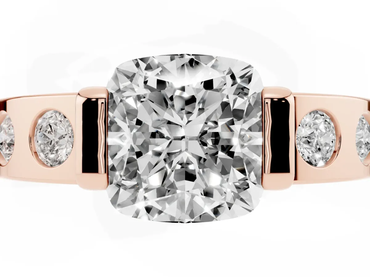 Cushion Cut Brilliant Channel-Set Diamond Ring with Bezel Prong Setting Rose gold