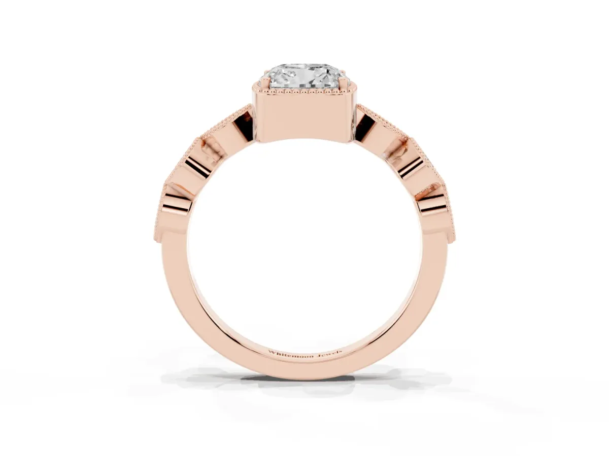 Cushion Cut Diamond Vintage Milgrain Ring with Round Stations Rose gold