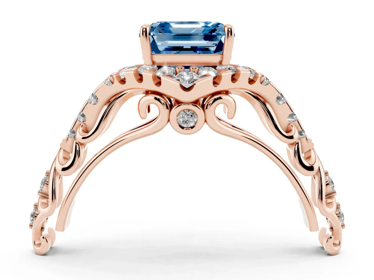 Fancy Blue Asscher Cut Diamond Solitaire Ring with Hidden Halo and Pavé Band Rose gold