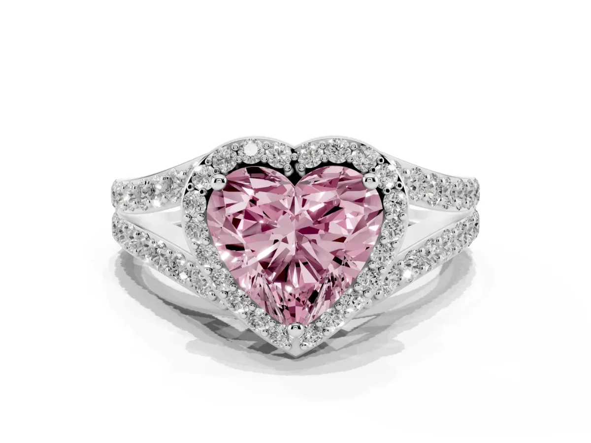 Fancy Pink Heart Cut Diamond Split Shank Halo Ring with Four-Prong Setting Platinum