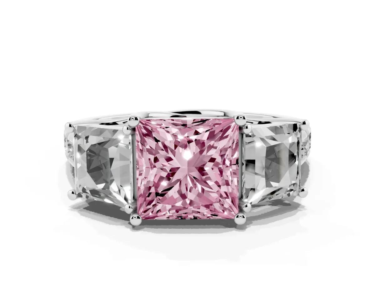 Fancy Pink Three-Stone Princess Cut Diamond Pavé Band with Prong Setting Silver