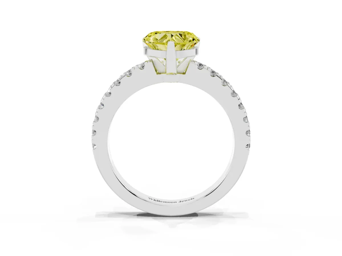 Fancy Yellow Heart Cut Solitaire Diamond with Pavé Band and Four-Prong Setting Silver