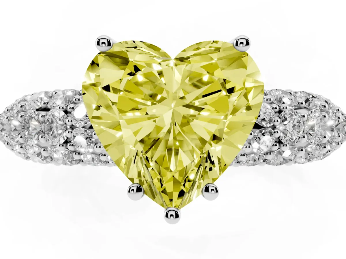 Fancy Yellow Heart Cut Diamond Pavé Band Solitaire Ring with Four-Prong Setting Silver