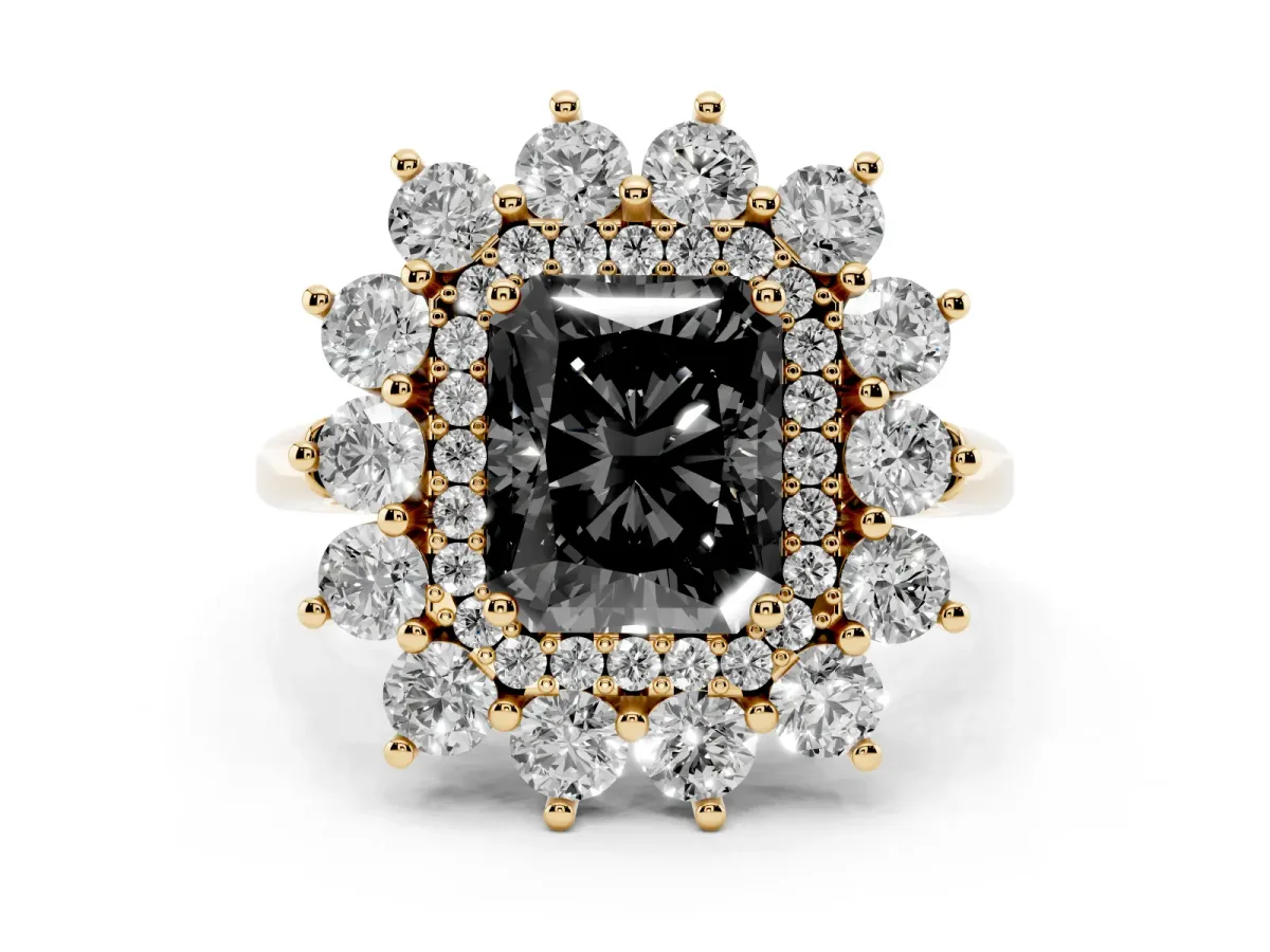 Fancy Black Radiant Cut Diamond Floral Double Halo Engagement Ring with Prong Setting Yellow gold