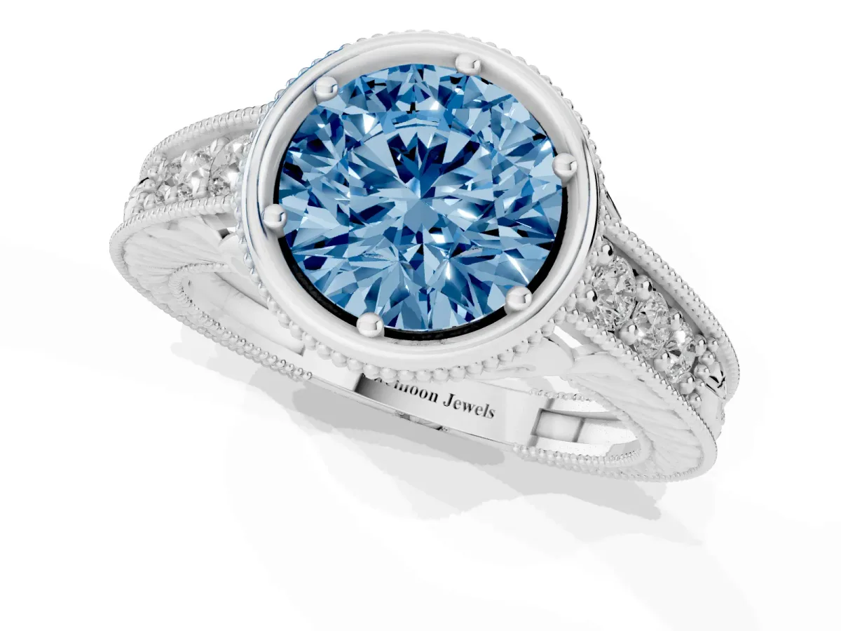 Fancy Blue Bezel Set Round Cut Diamond Milgrain Pave Engagement Ring Platinum
