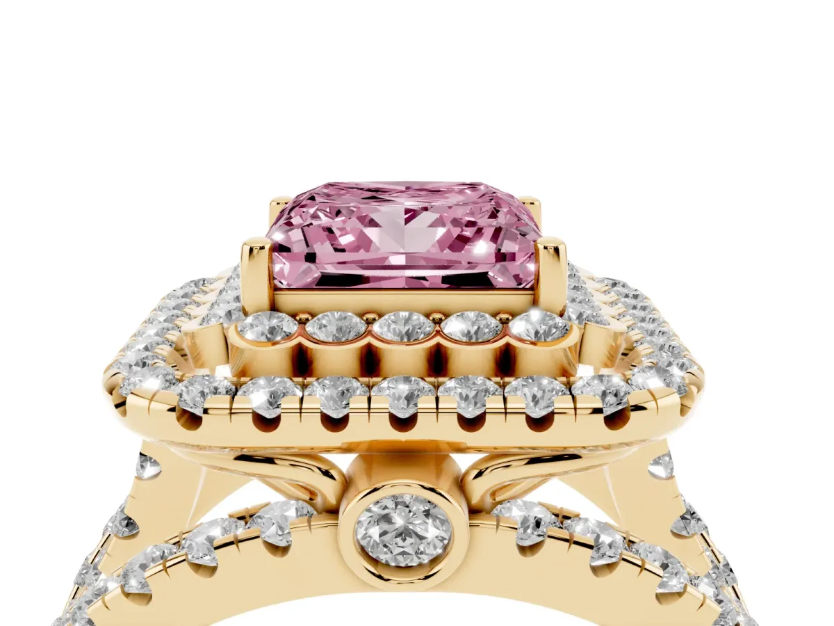 Fancy Pink Princess Cut Diamond Double Halo Ring with Round Pavé Split Shank and Prong Setting Yellow gold