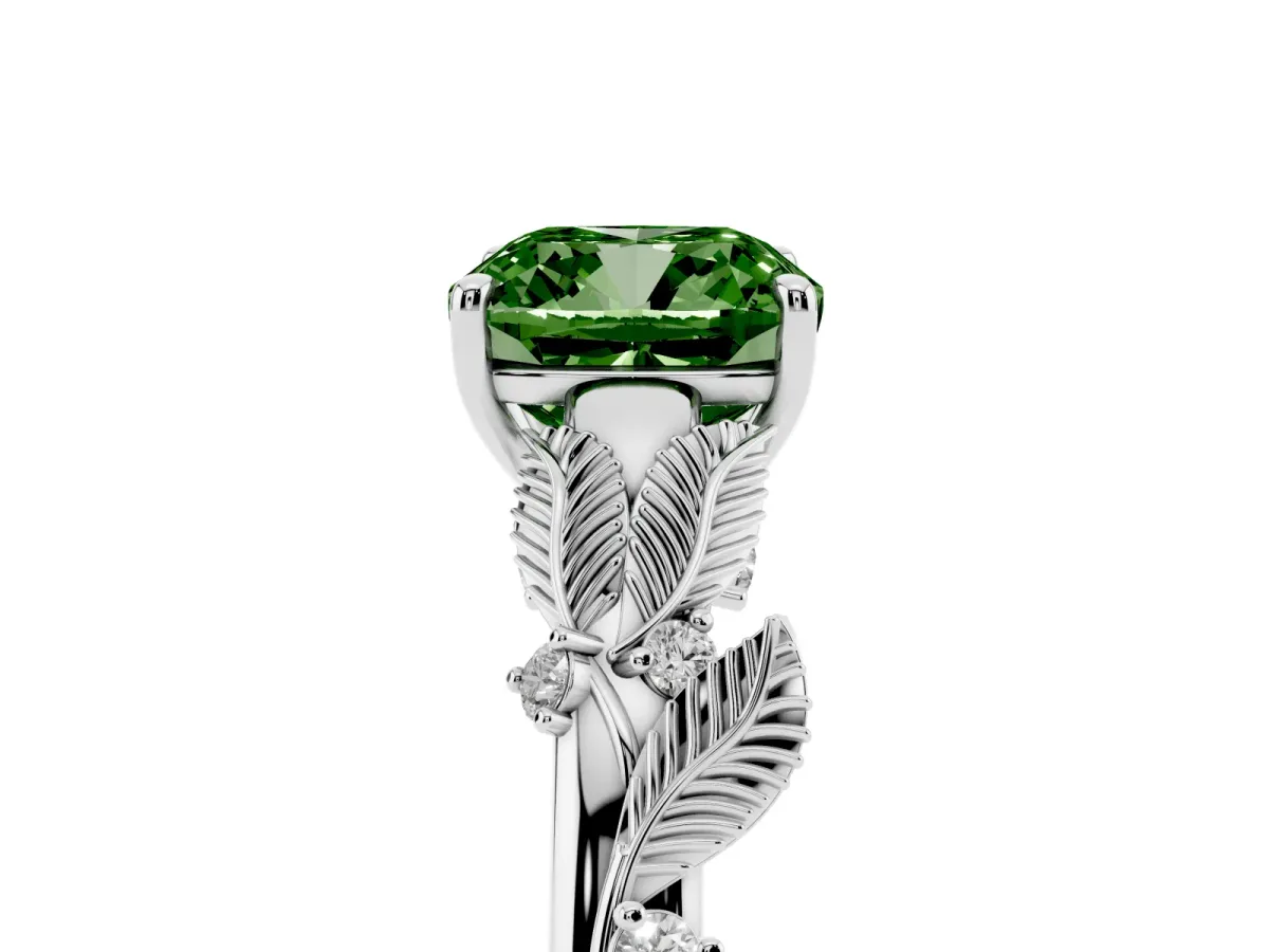 Fancy Green Cushion Cut Diamond Solitaire Ring with Leaf Motif Band and Four-Prong Setting Silver