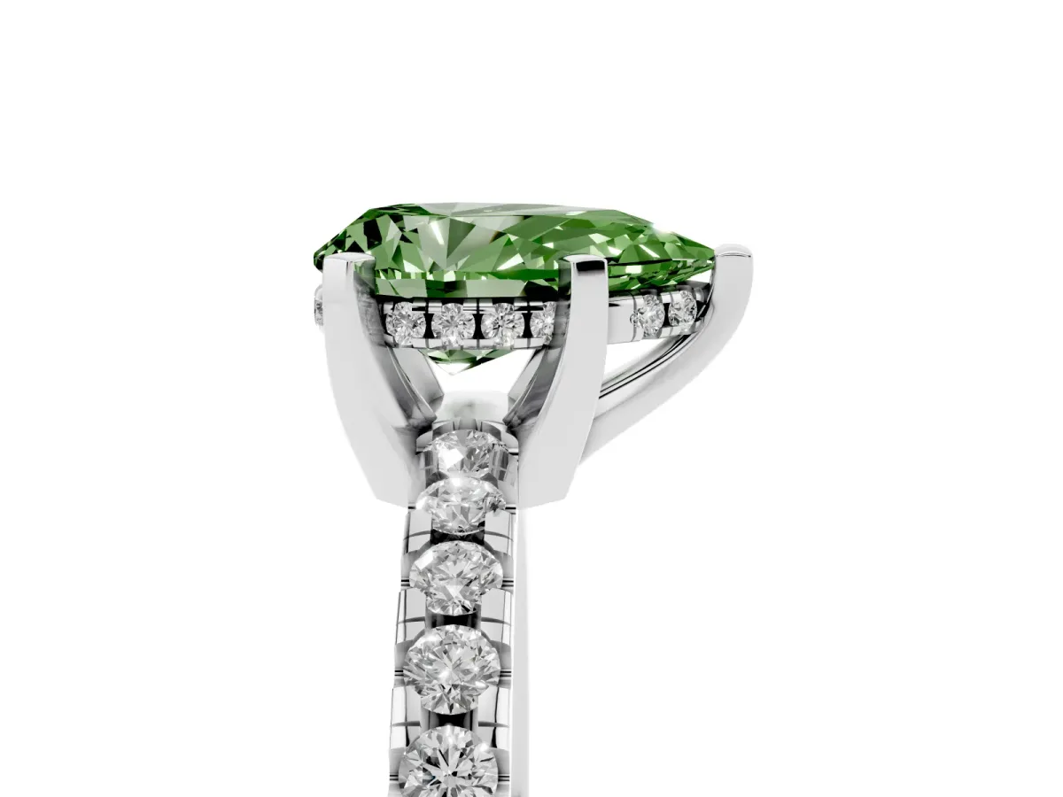 Fancy Green Pear Cut Diamond Solitaire Ring with Round Pavé Band and Four-Prong Setting Silver