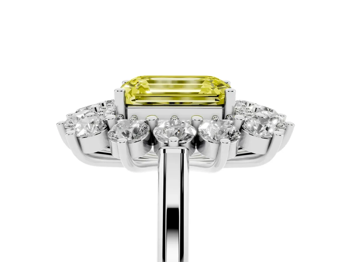 Fancy Yellow Emerald Cut Diamond Floral Double Halo Engagement Ring with Prong Setting Silver