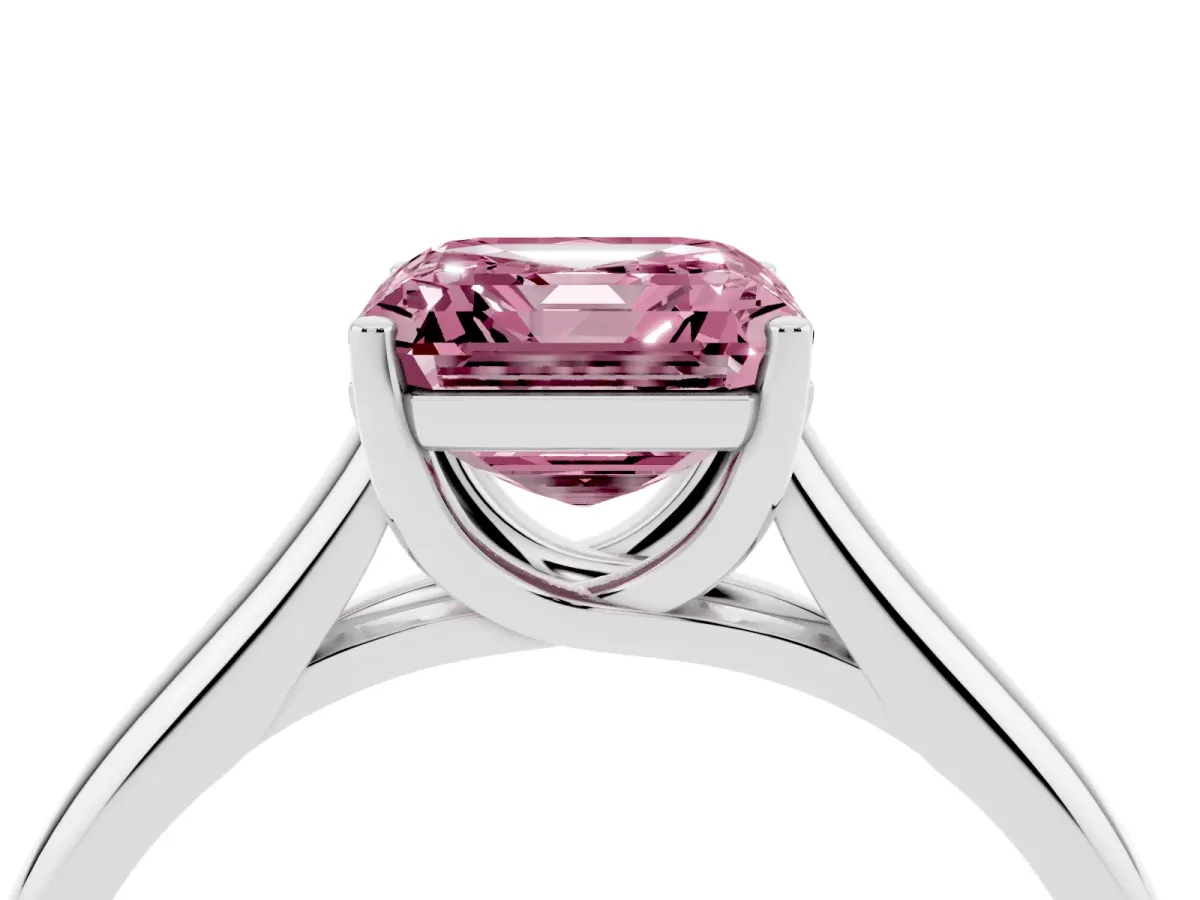Fancy Pink Asscher Cut Solitaire Engagement Ring with Tapered Band and Four-Prong Setting Platinum