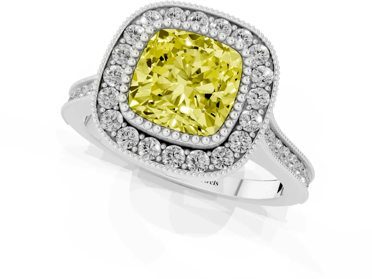 Fancy Yellow Cushion Cut Diamond Halo Ring with Milgrain Frame and Pavé Band White gold