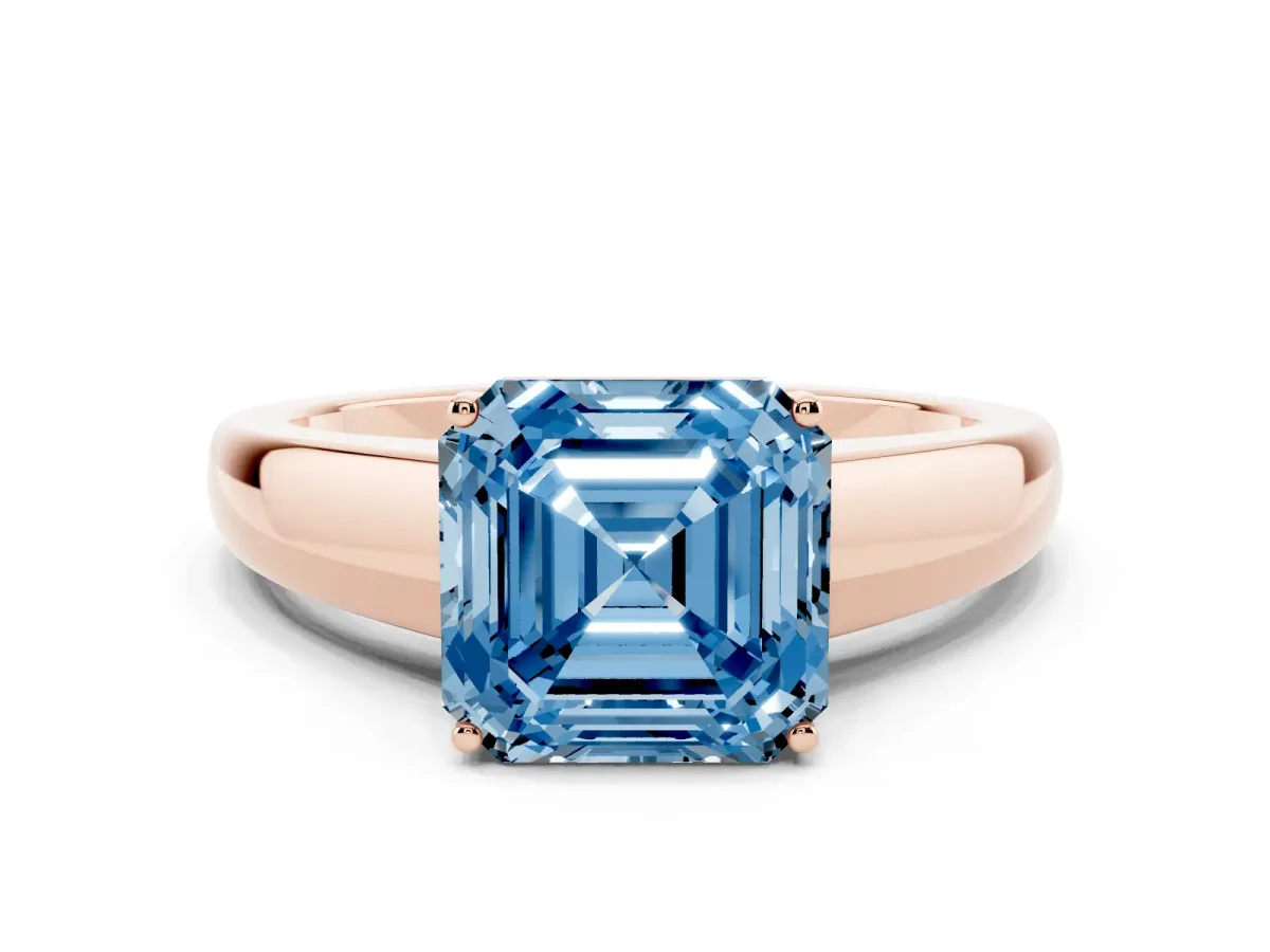 Fancy Blue Asscher Cut Solitaire Diamond Ring with Tapered Band and Four-Prong Setting Rose gold