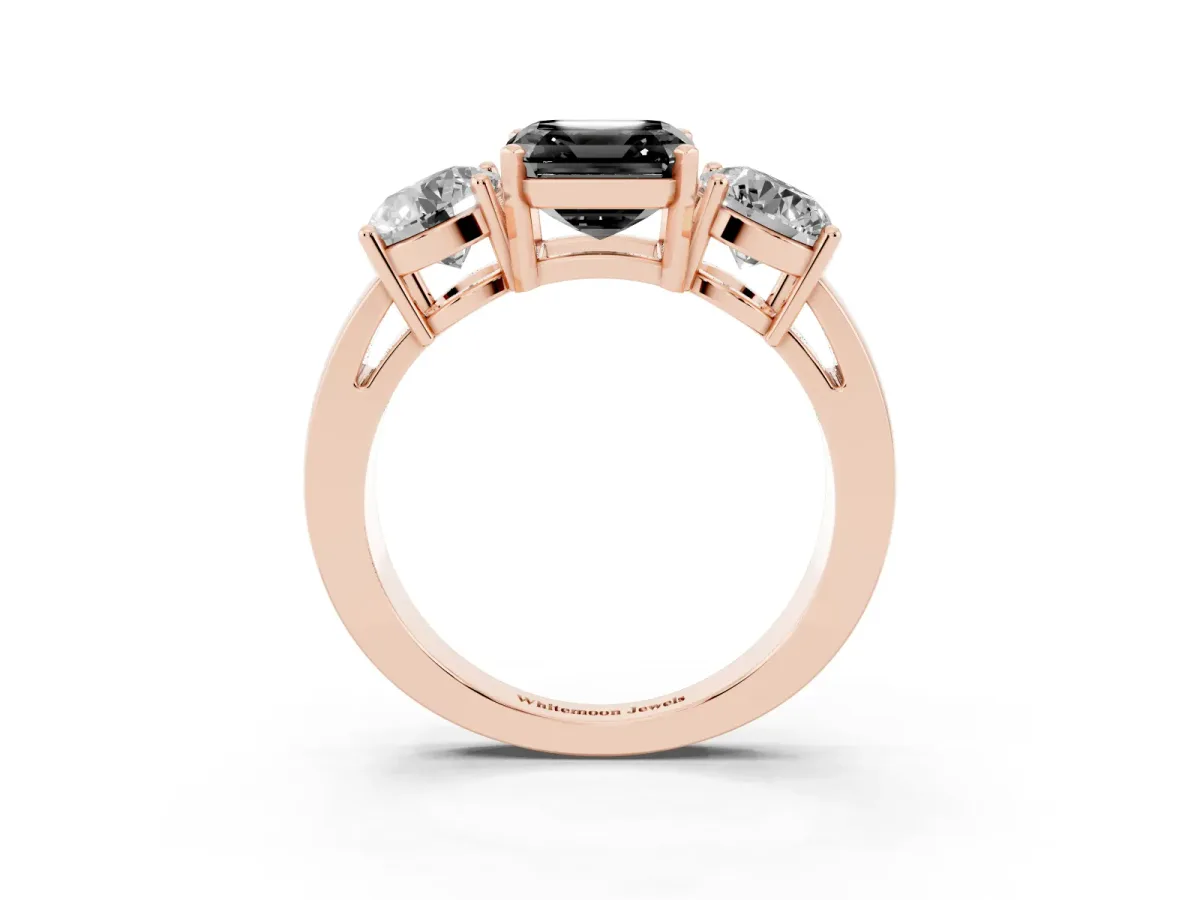 Fancy Black Three-Stone Asscher Cut Diamond Ring with Round Side Stones, Classic Band, and Four-Prong Setting Rose gold