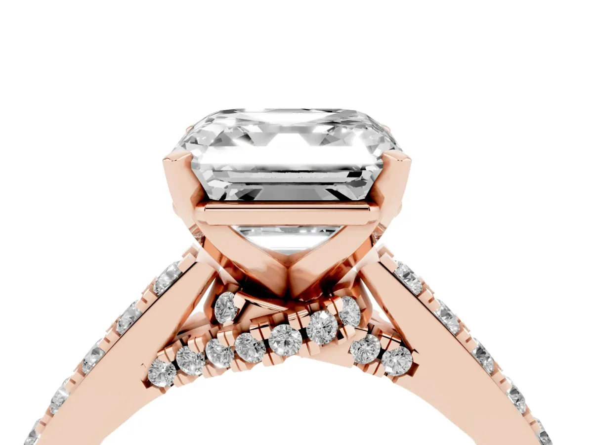 Asscher Cut Diamond Solitaire Ring with Crossover Gallery and Round Pavé Band Rose gold