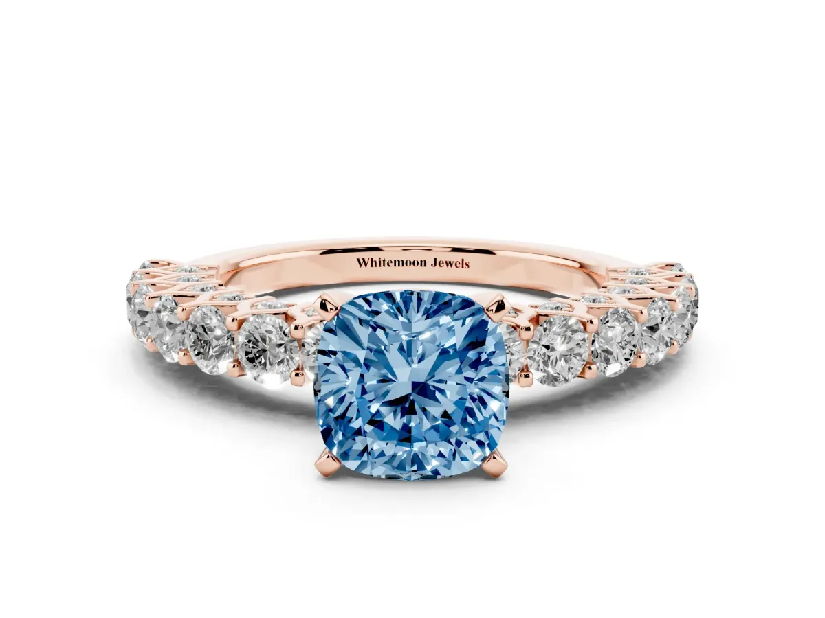 Fancy Blue Cushion Cut Diamond Solitaire Ring with Shared Prong Pavé Band and Four-Prong Setting Rose gold