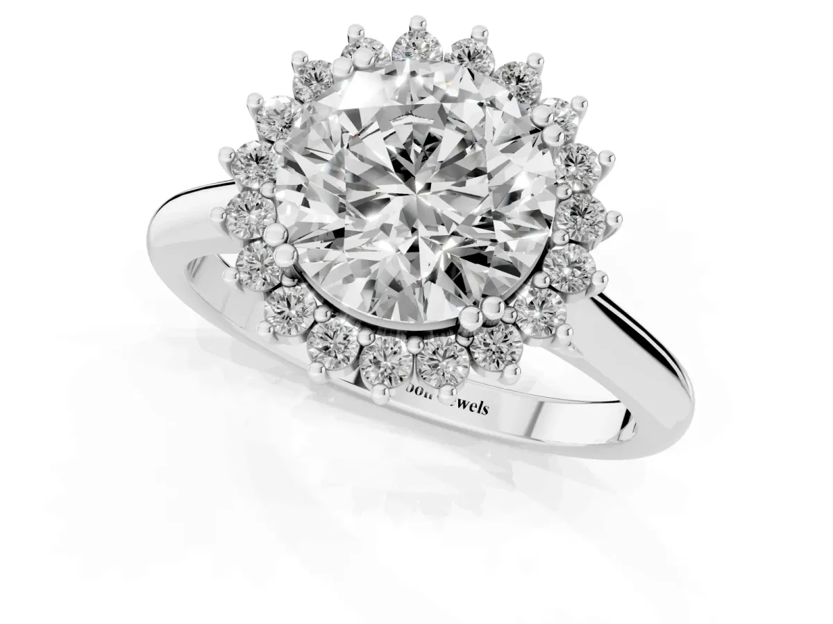 Round Cut Cut Diamond Halo Ring with Solitaire Band and Prong Setting Silver