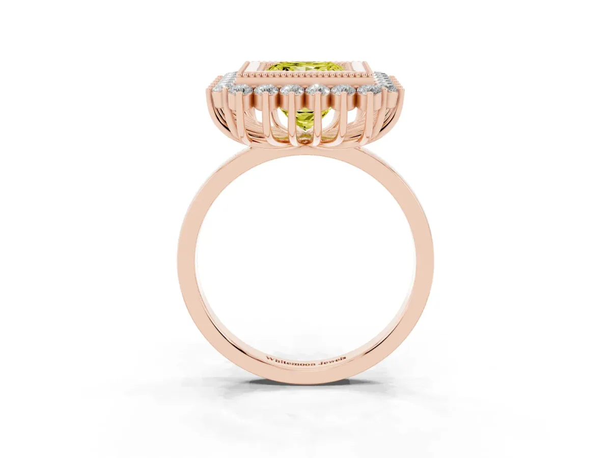 Fancy Yellow Princess Cut Halo Diamond Ring with Milgrain Edge and Round Prong Setting Rose gold