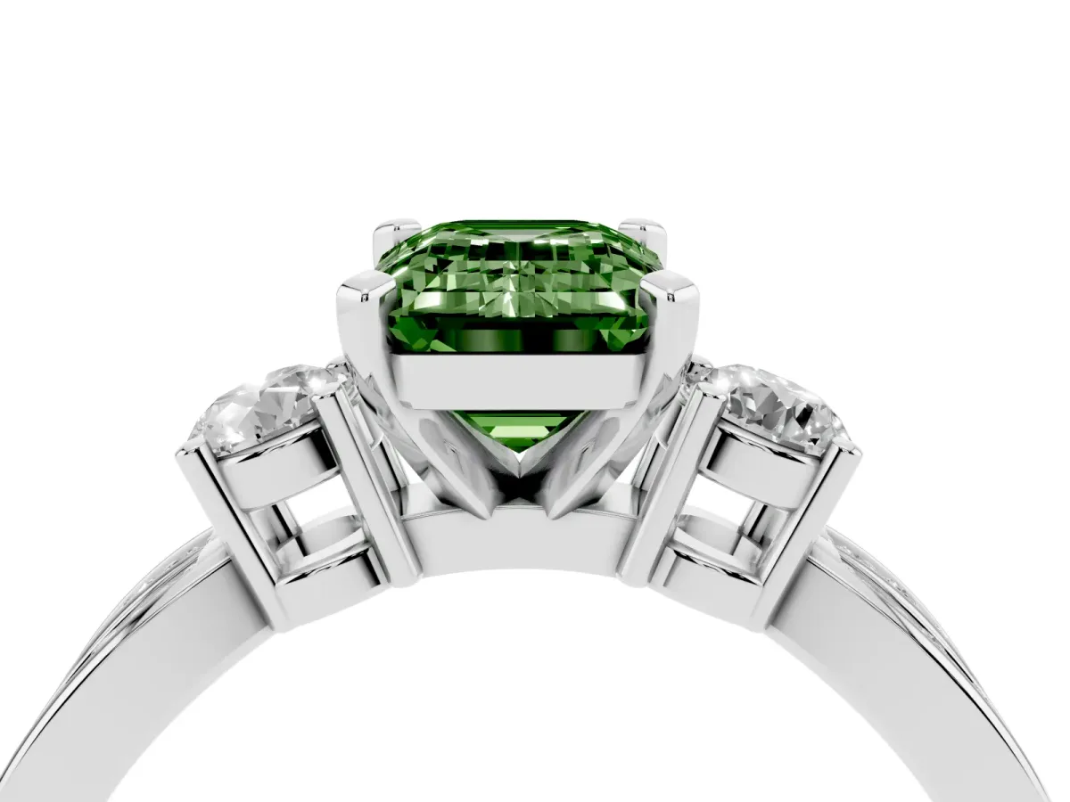 Fancy Green Three-Stone Emerald Cut Cut Diamond Twist Band with Prong Setting Platinum
