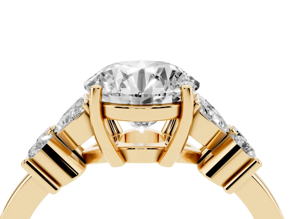 Round Cut Diamond Floral Cluster Ring with Solitaire Band and Prong Setting Yellow gold